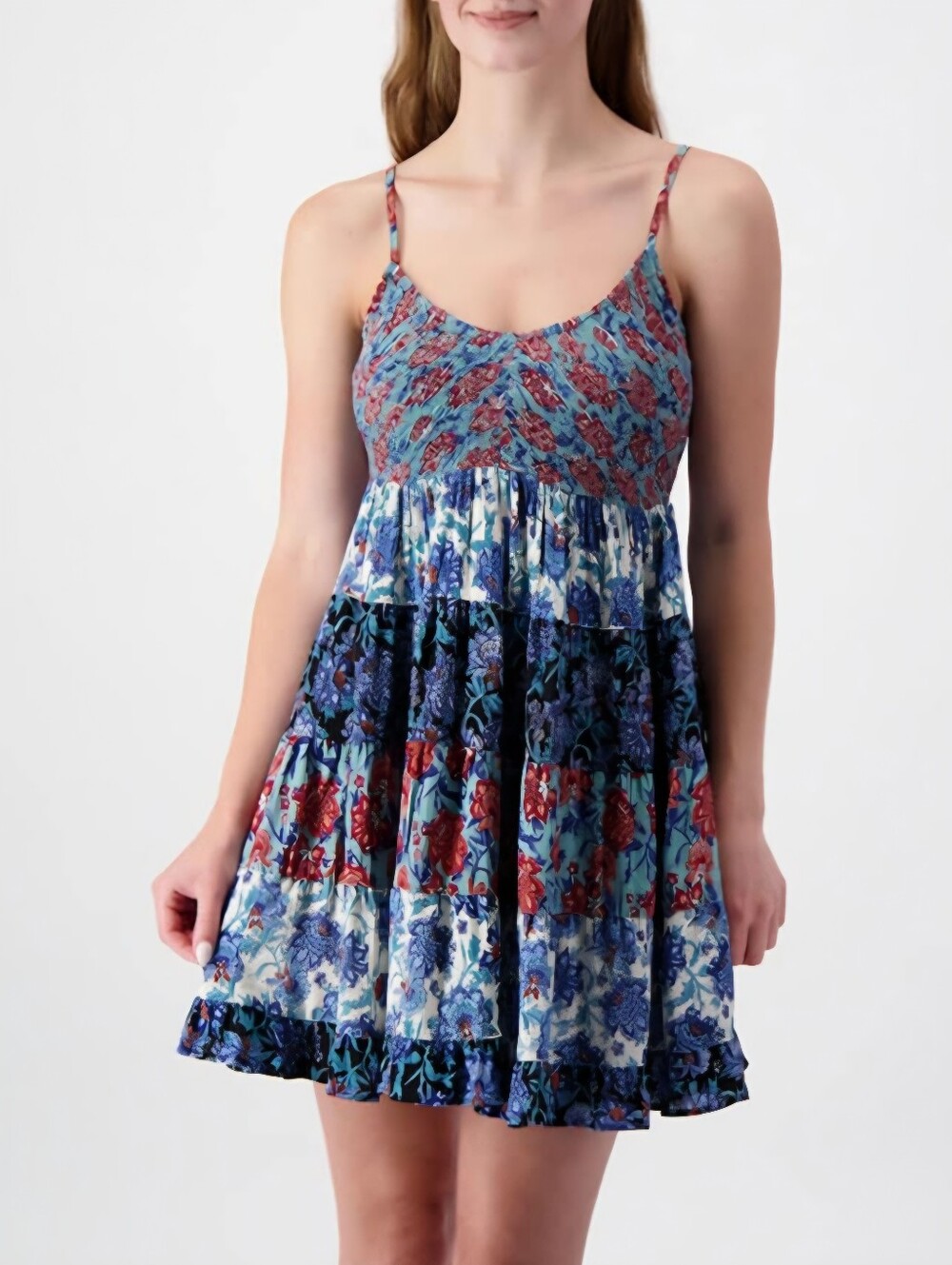 Boho Layered Tiered Floral Summer Dress Smocked Bust Casual Flirty Mini Size XL